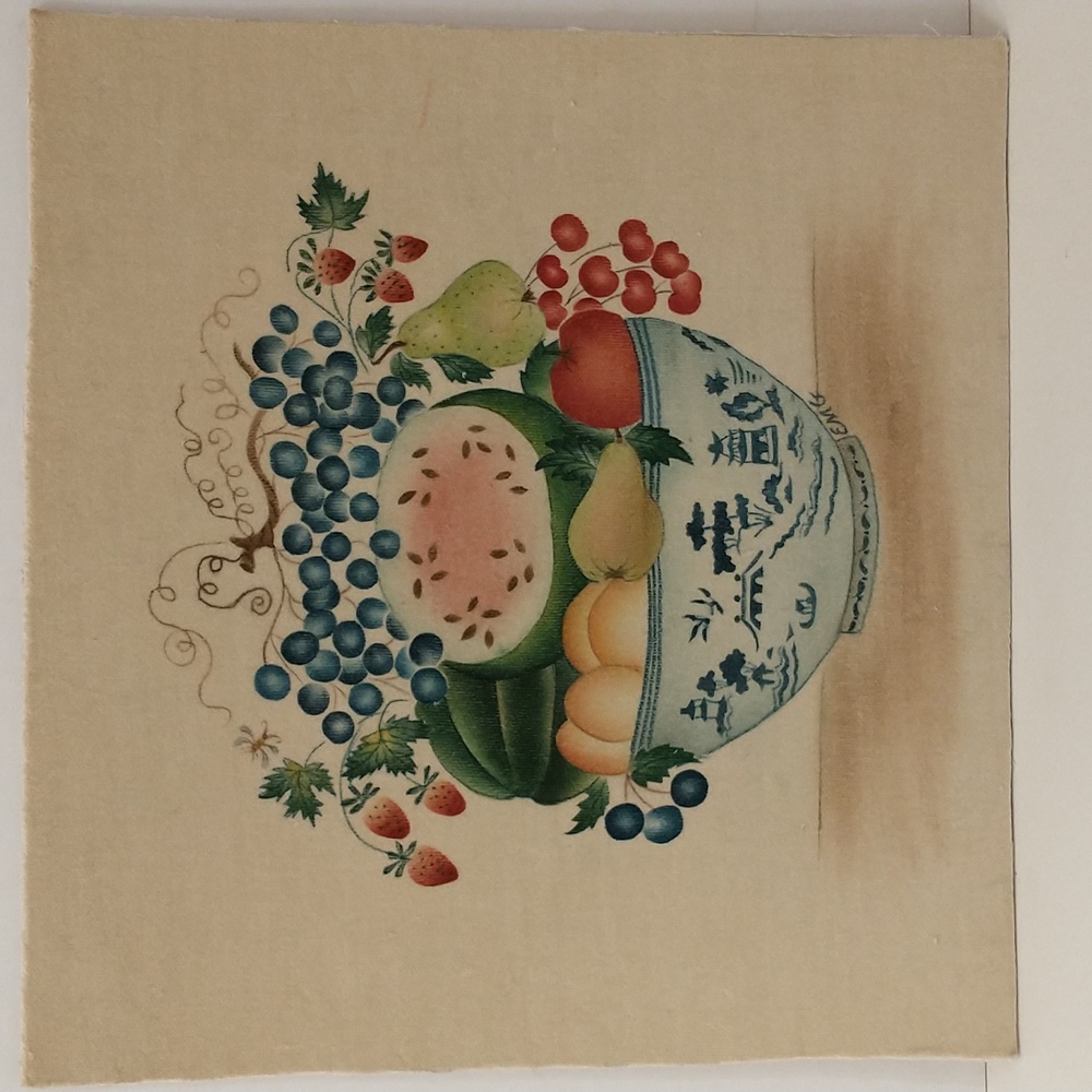 Vintage Theorem Painting on Velvet Asian Bowl Lively Fruit & Eggs 80s Folk Art